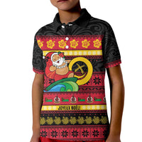 Vanuatu Christmas Kid Polo Shirt Joyeux Noel Surfing Santa With Boar Tusk - Polynesian Pride