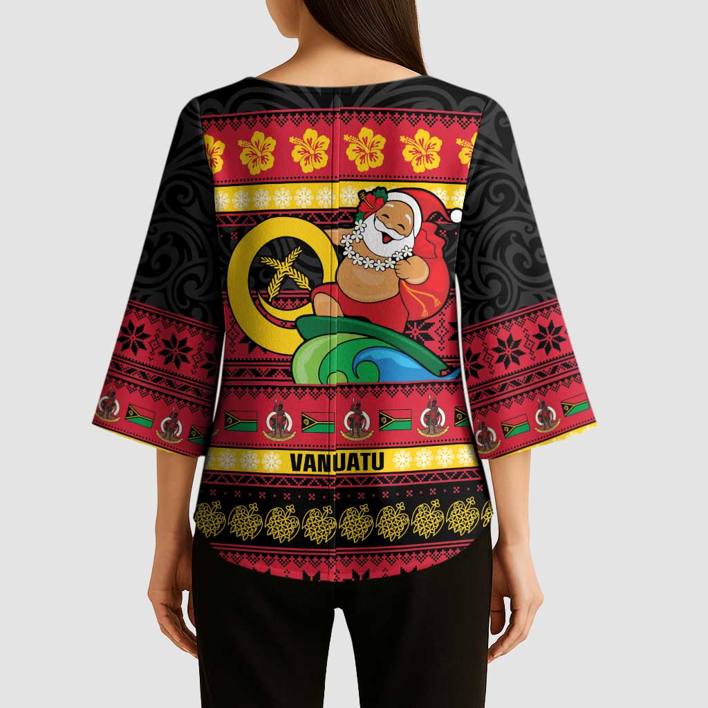 Vanuatu Christmas Kimono Sleeve Blouse Joyeux Noel Surfing Santa With Boar Tusk - Polynesian Pride