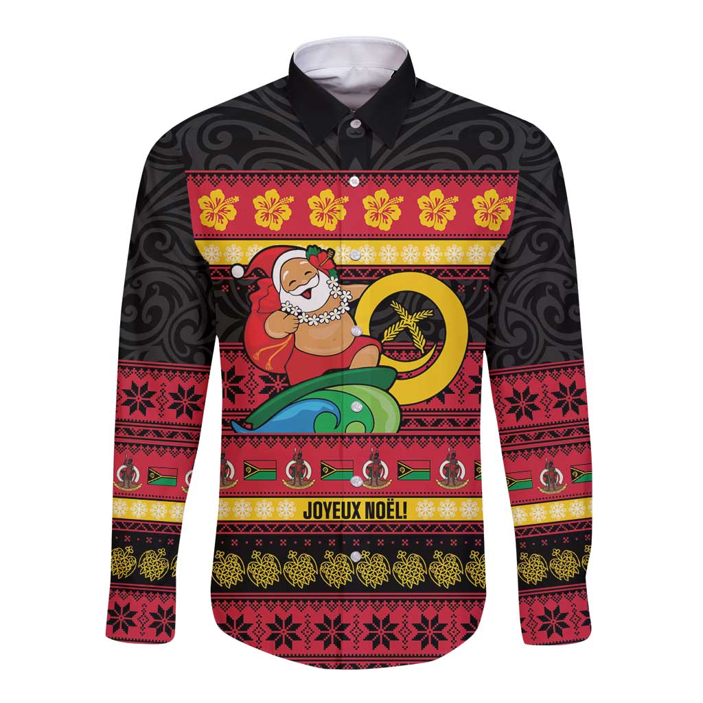 Vanuatu Christmas Long Sleeve Button Shirt Joyeux Noel Surfing Santa With Boar Tusk - Polynesian Pride