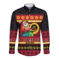 Vanuatu Christmas Long Sleeve Button Shirt Joyeux Noel Surfing Santa With Boar Tusk - Polynesian Pride