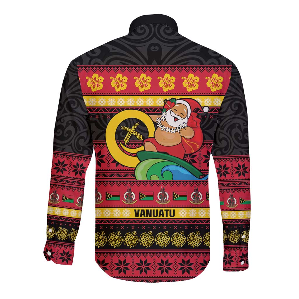 Vanuatu Christmas Long Sleeve Button Shirt Joyeux Noel Surfing Santa With Boar Tusk - Polynesian Pride