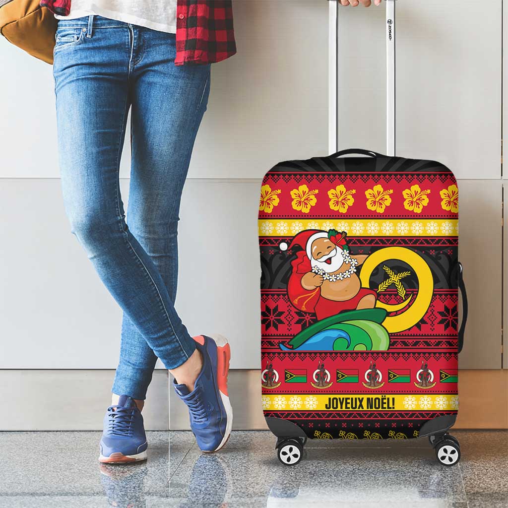 Vanuatu Christmas Luggage Cover Joyeux Noel Surfing Santa With Boar Tusk - Polynesian Pride