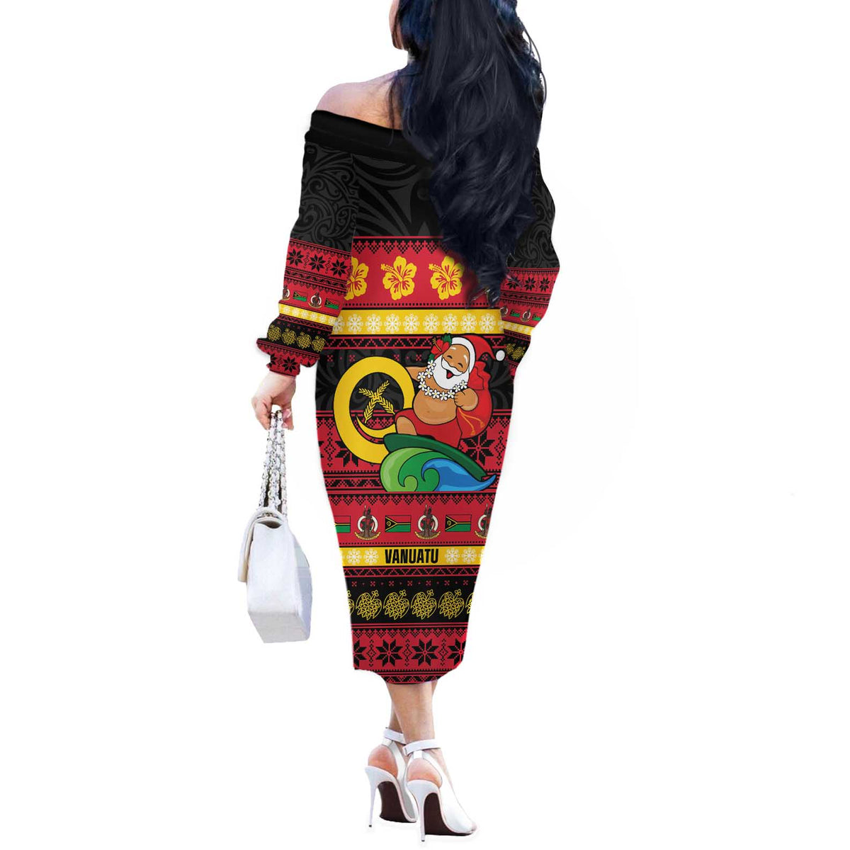 Vanuatu Christmas Off The Shoulder Long Sleeve Dress Joyeux Noel Surfing Santa With Boar Tusk LT14 - Polynesian Pride
