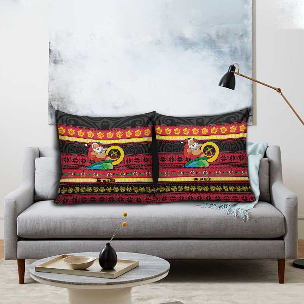 Vanuatu Christmas Pillow Cover Joyeux Noel Surfing Santa With Boar Tusk - Polynesian Pride