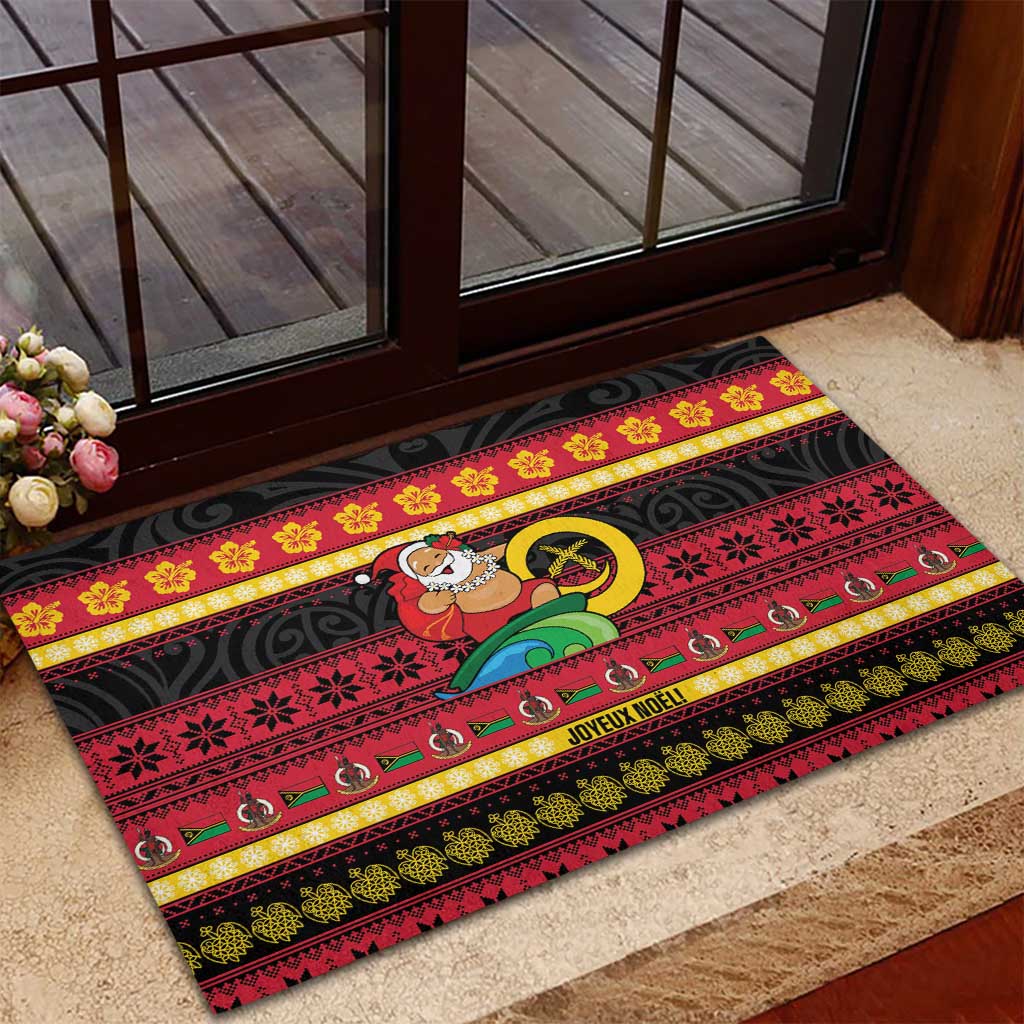 Vanuatu Christmas Rubber Doormat Joyeux Noel Surfing Santa With Boar Tusk - Polynesian Pride
