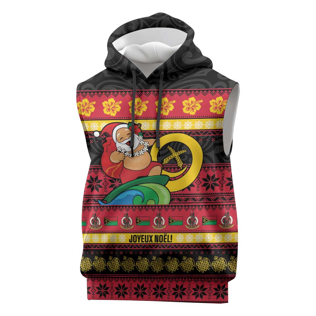 Vanuatu Christmas Sleeveless Hoodie Joyeux Noel Surfing Santa With Boar Tusk - Polynesian Pride