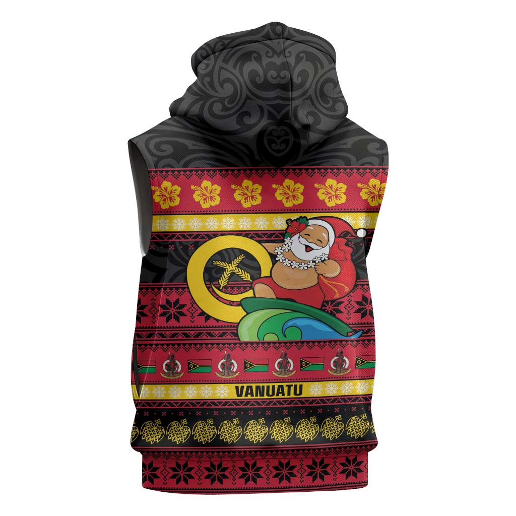 Vanuatu Christmas Sleeveless Hoodie Joyeux Noel Surfing Santa With Boar Tusk LT14 - Polynesian Pride