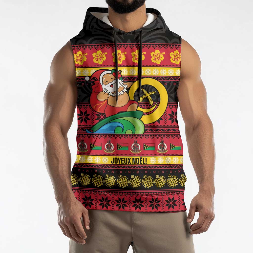 Vanuatu Christmas Sleeveless Hoodie Joyeux Noel Surfing Santa With Boar Tusk LT14 - Polynesian Pride