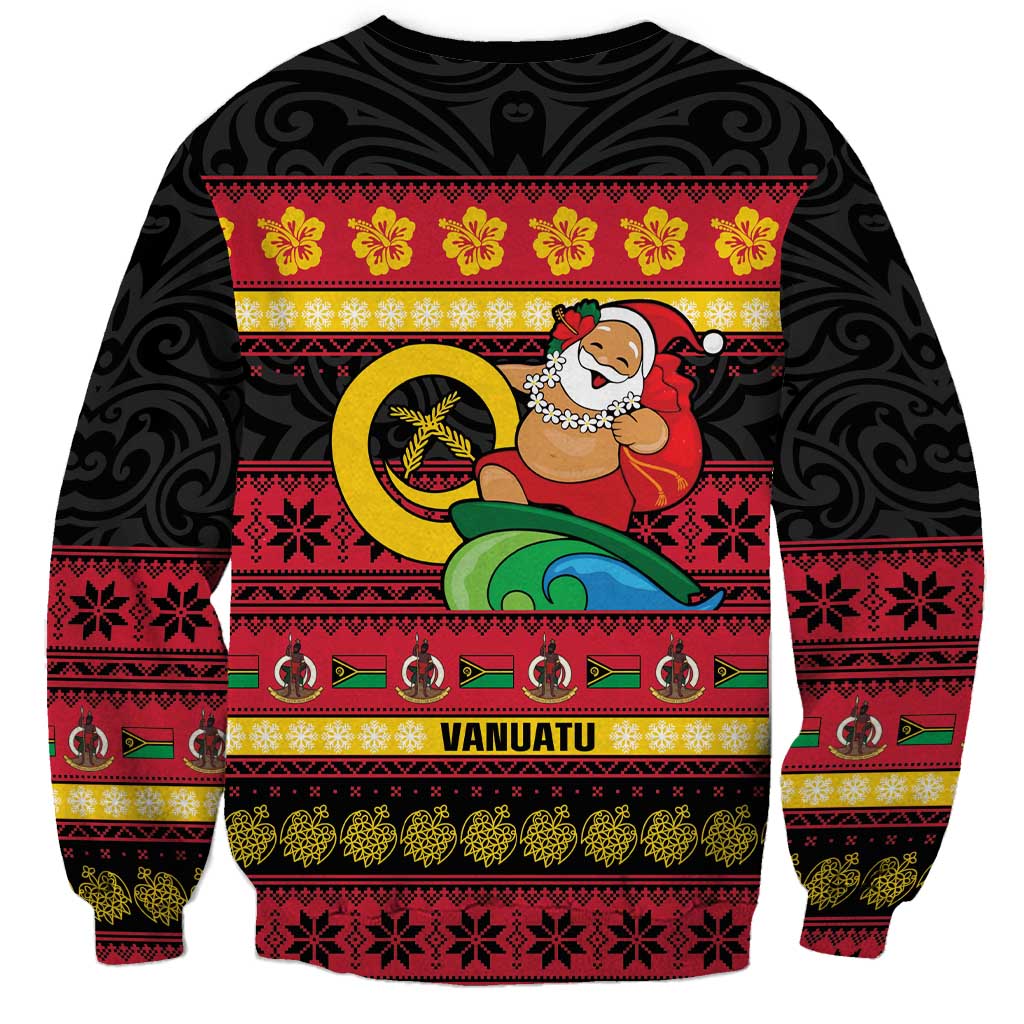 Vanuatu Christmas Sweatshirt Joyeux Noel Surfing Santa With Boar Tusk - Polynesian Pride