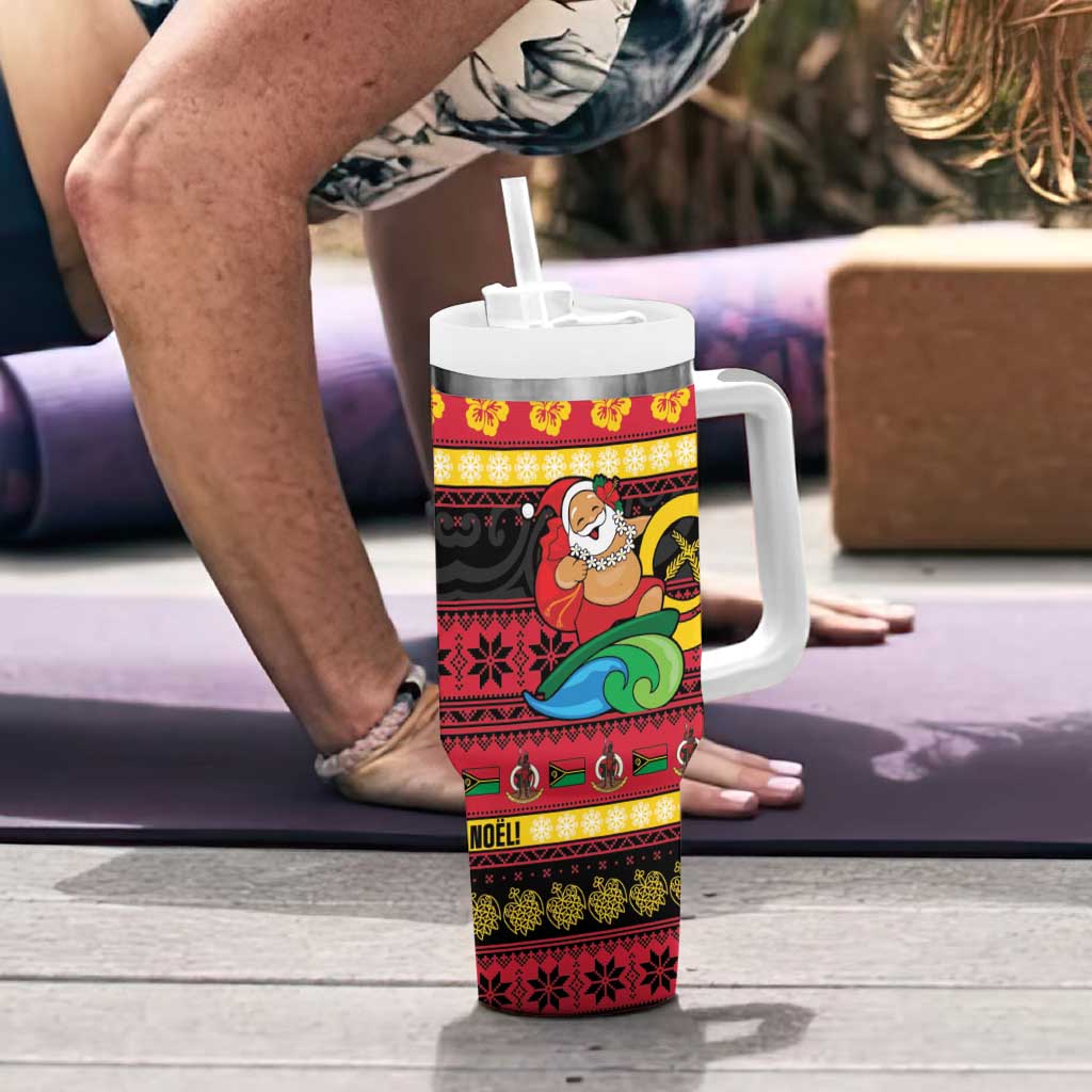 Vanuatu Christmas Tumbler With Handle Joyeux Noel Surfing Santa With Boar Tusk - Polynesian Pride