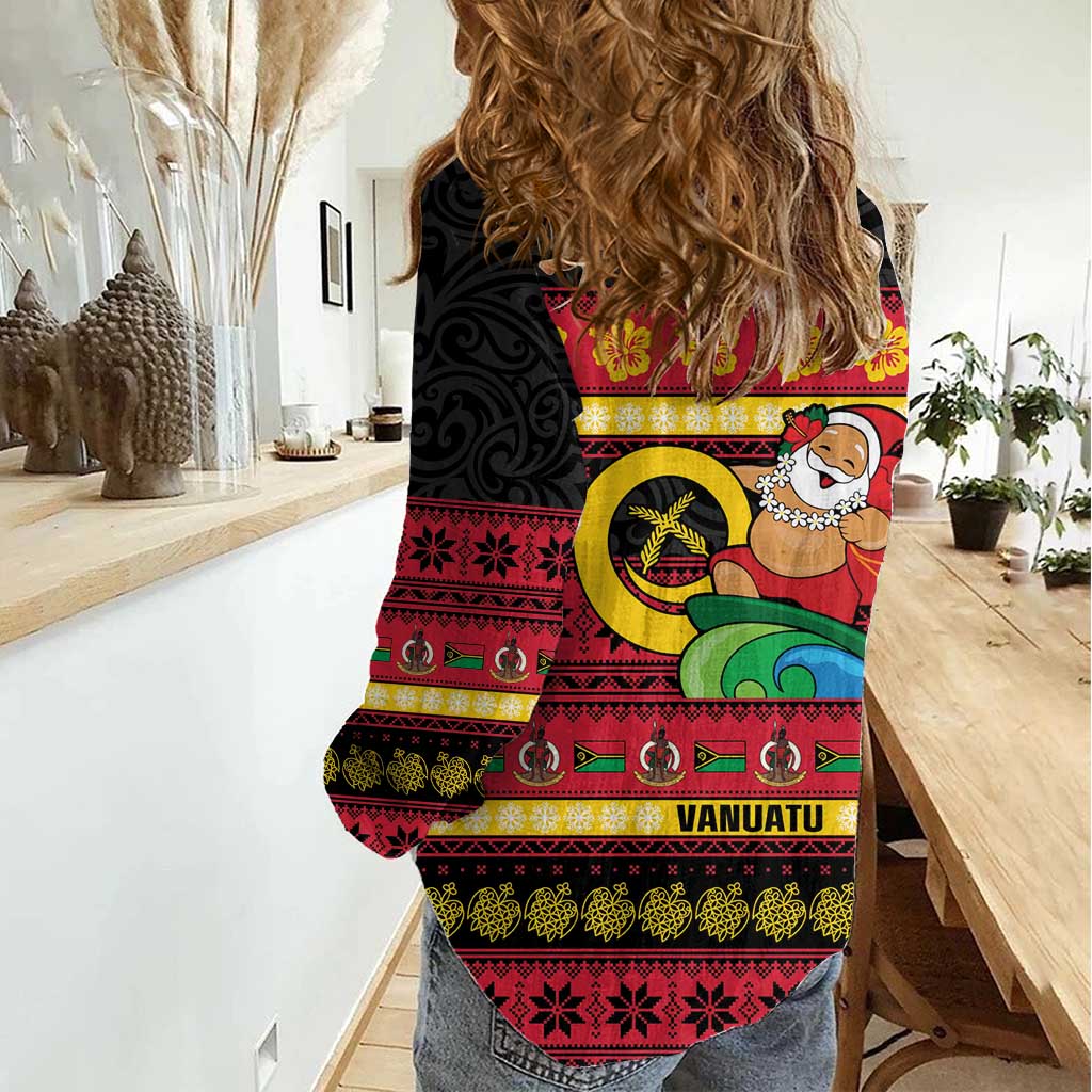 Vanuatu Christmas Women Casual Shirt Joyeux Noel Surfing Santa With Boar Tusk - Polynesian Pride
