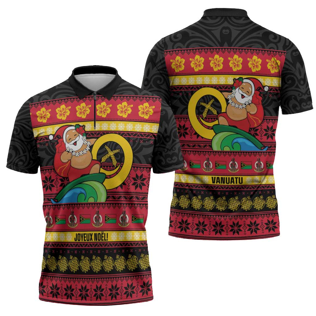 Vanuatu Christmas Zipper Polo Shirt Joyeux Noel Surfing Santa With Boar Tusk - Polynesian Pride