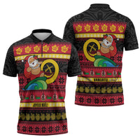 Vanuatu Christmas Zipper Polo Shirt Joyeux Noel Surfing Santa With Boar Tusk - Polynesian Pride