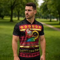 Vanuatu Christmas Zipper Polo Shirt Joyeux Noel Surfing Santa With Boar Tusk - Polynesian Pride