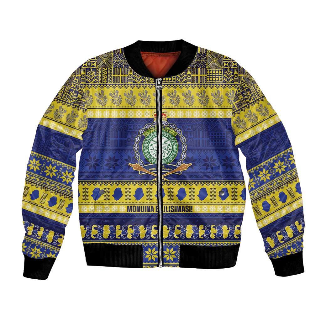 Niue Christmas Bomber Jacket Monuina e Kilisimasi Hiapo Motifs LT14 Unisex Blue - Polynesian Pride
