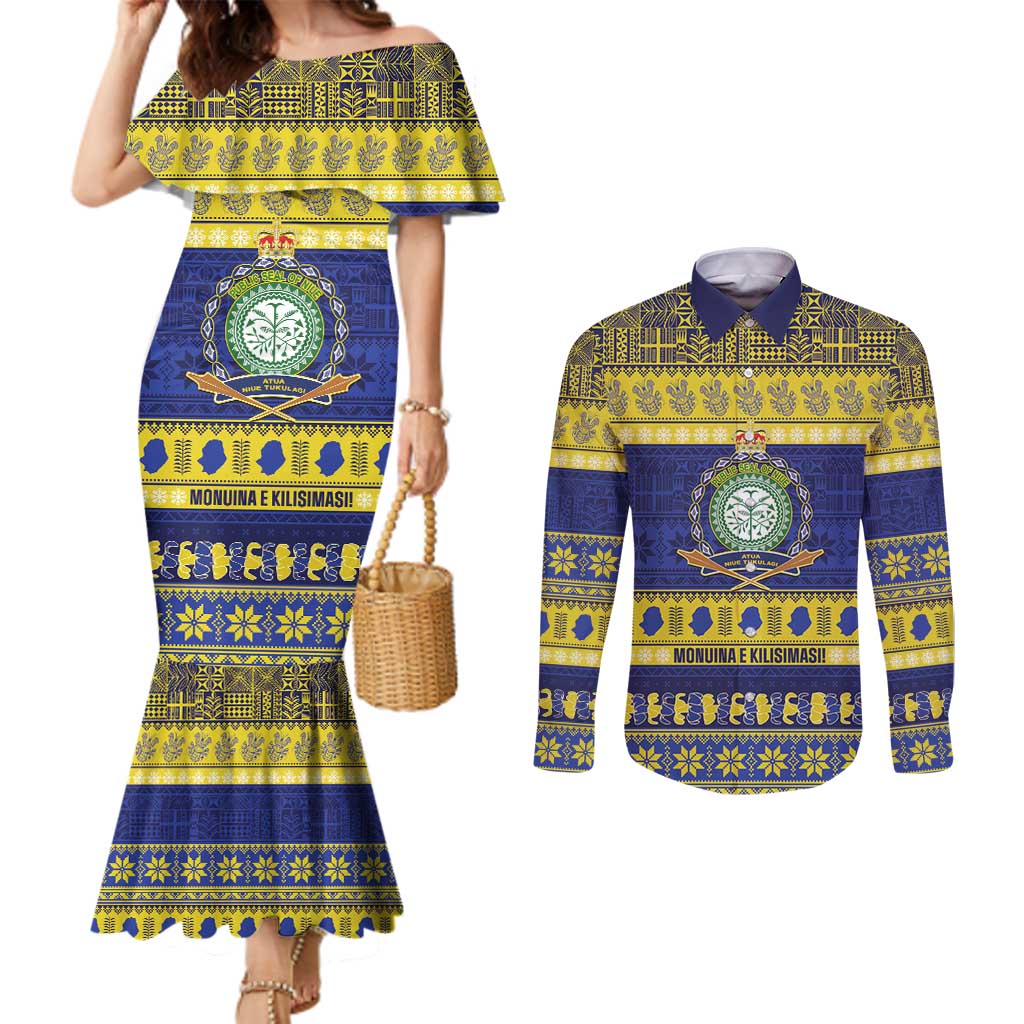 Niue Christmas Couples Matching Mermaid Dress and Long Sleeve Button Shirt Monuina e Kilisimasi Hiapo Motifs - Polynesian Pride