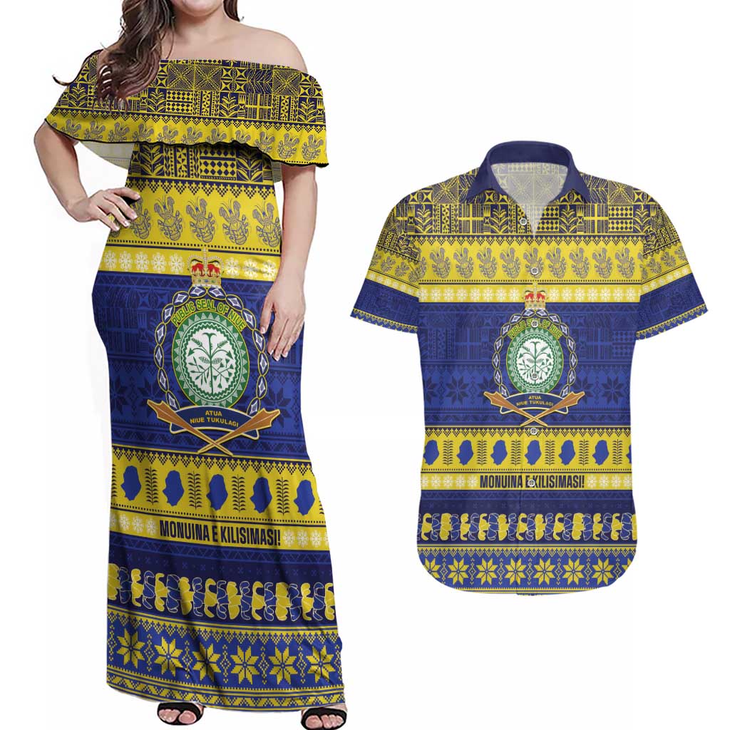Niue Christmas Couples Matching Off Shoulder Maxi Dress and Hawaiian Shirt Monuina e Kilisimasi Hiapo Motifs - Polynesian Pride
