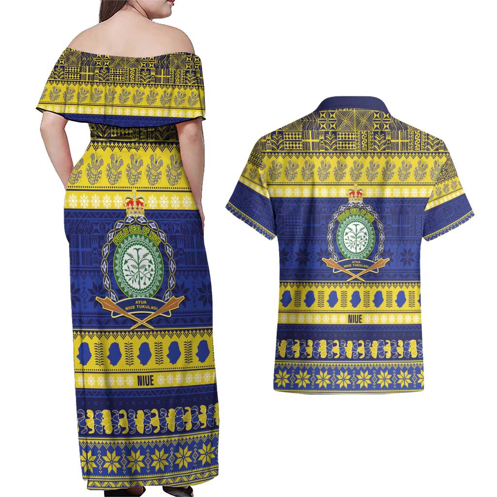 Niue Christmas Couples Matching Off Shoulder Maxi Dress and Hawaiian Shirt Monuina e Kilisimasi Hiapo Motifs - Polynesian Pride