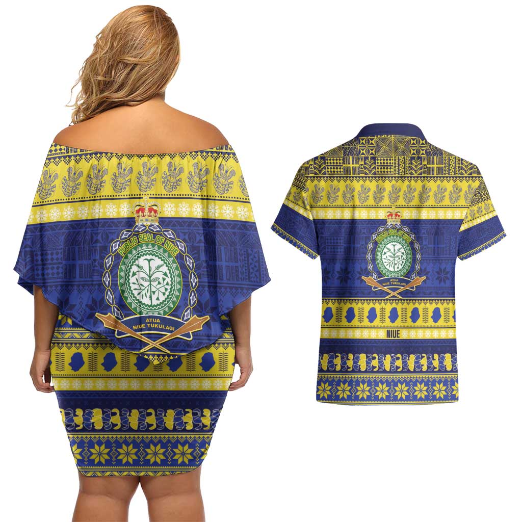 Niue Christmas Couples Matching Off Shoulder Short Dress and Hawaiian Shirt Monuina e Kilisimasi Hiapo Motifs - Polynesian Pride