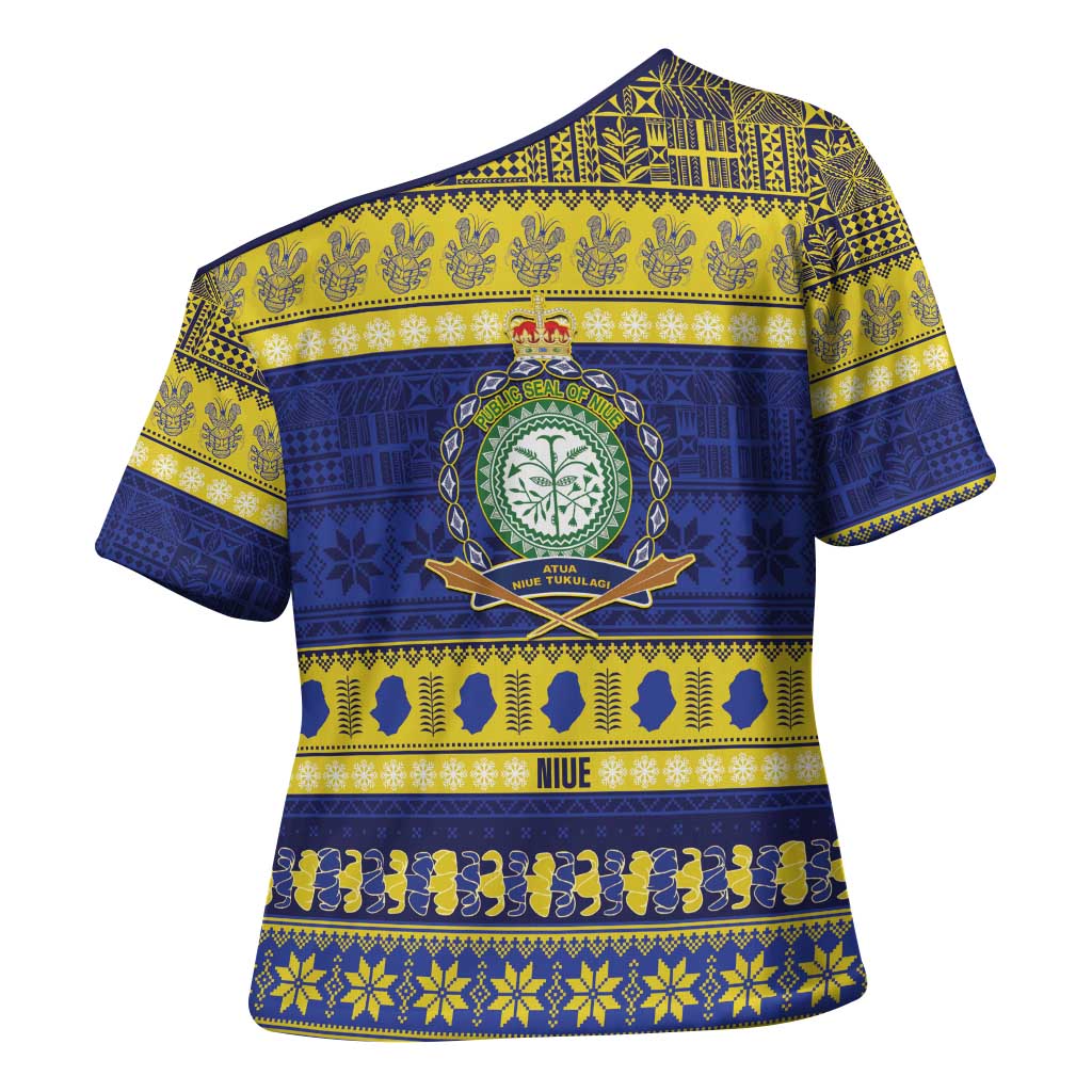 Niue Christmas Cross Shoulder Shirt Monuina e Kilisimasi Hiapo Motifs - Polynesian Pride