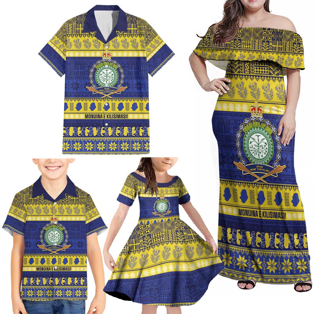 Niue Christmas Family Matching Off Shoulder Maxi Dress and Hawaiian Shirt Monuina e Kilisimasi Hiapo Motifs - Polynesian Pride