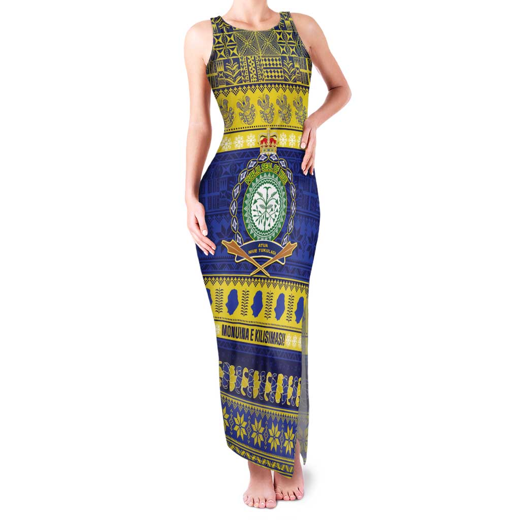 Niue Christmas Family Matching Tank Maxi Dress and Hawaiian Shirt Monuina e Kilisimasi Hiapo Motifs LT14 Mom's Dress Blue - Polynesian Pride