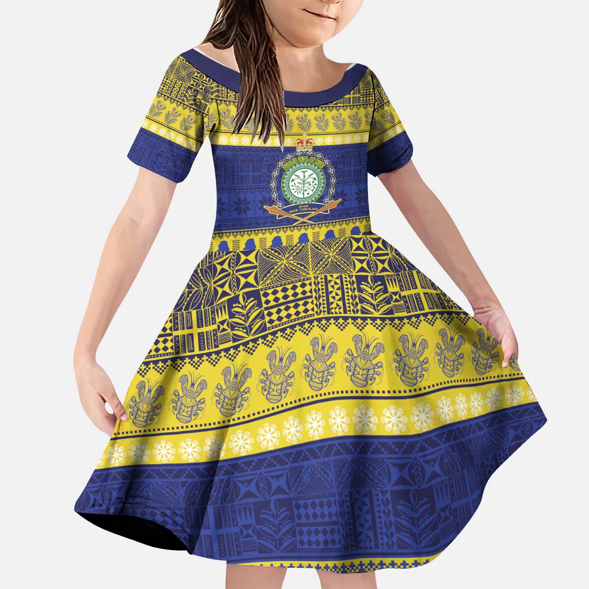 Niue Christmas Kid Short Sleeve Dress Monuina e Kilisimasi Hiapo Motifs - Polynesian Pride