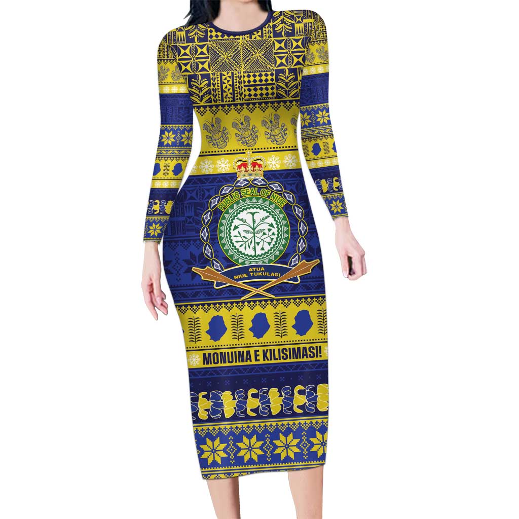 Niue Christmas Long Sleeve Bodycon Dress Monuina e Kilisimasi Hiapo Motifs LT14 Long Dress Blue - Polynesian Pride