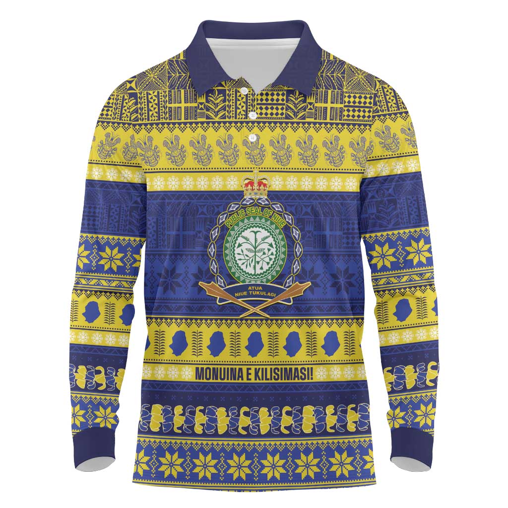 Niue Christmas Long Sleeve Polo Shirt Monuina e Kilisimasi Hiapo Motifs - Polynesian Pride