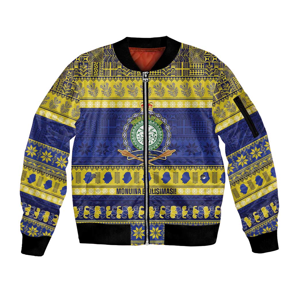 Niue Christmas Sleeve Zip Bomber Jacket Monuina e Kilisimasi Hiapo Motifs - Polynesian Pride