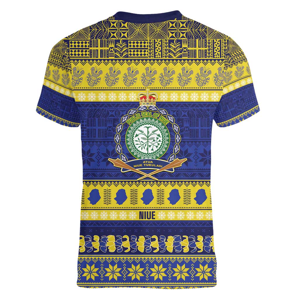 Niue Christmas Women V-Neck T-Shirt Monuina e Kilisimasi Hiapo Motifs - Polynesian Pride