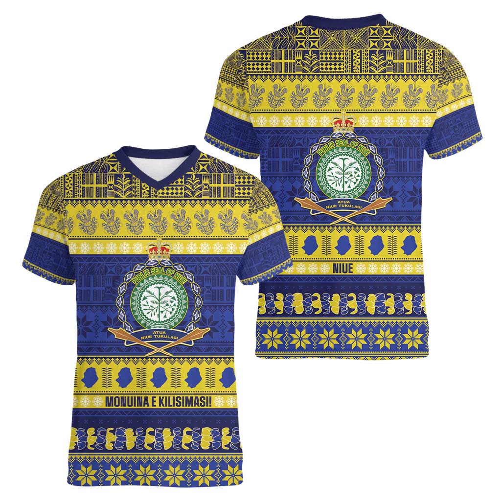 Niue Christmas Women V-Neck T-Shirt Monuina e Kilisimasi Hiapo Motifs - Polynesian Pride