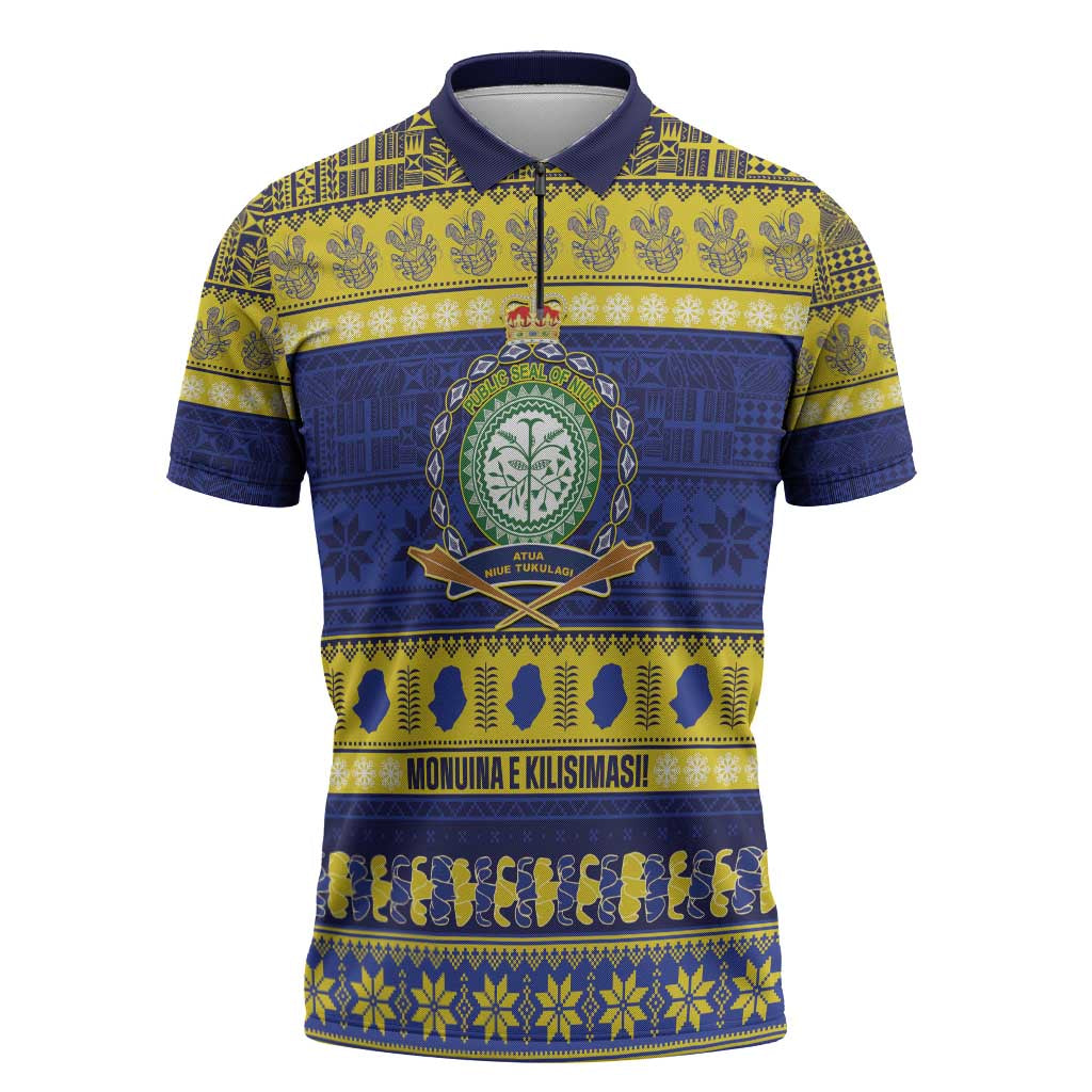 Niue Christmas Zipper Polo Shirt Monuina e Kilisimasi Hiapo Motifs - Polynesian Pride