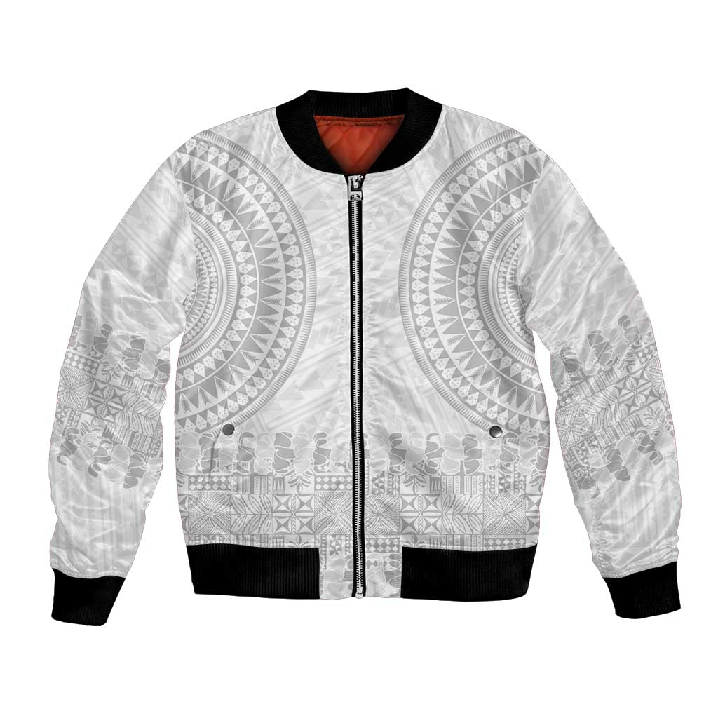 Niue White Sunday Bomber Jacket Tapu Fanau Ia Puakenikeni Hiapo Pattern - Polynesian Pride
