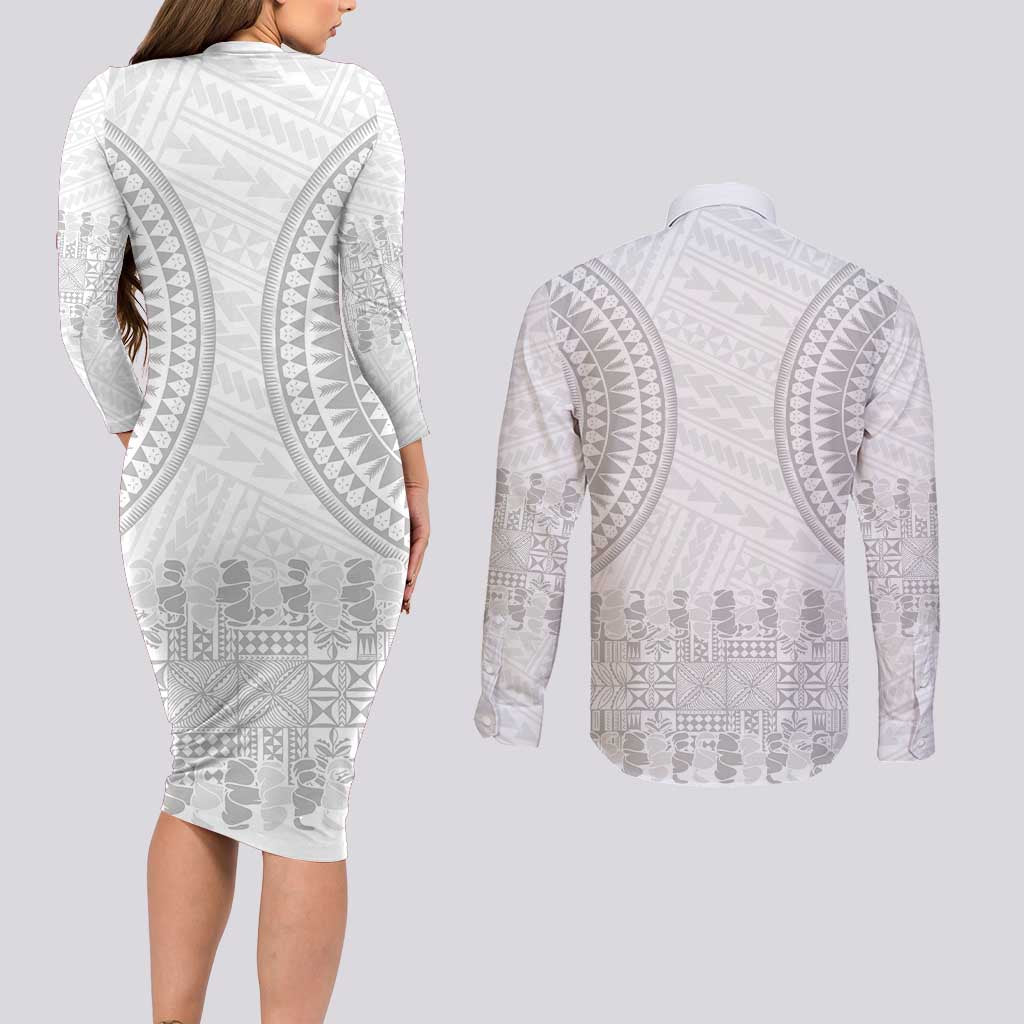 Niue White Sunday Couples Matching Long Sleeve Bodycon Dress and Long Sleeve Button Shirt Tapu Fanau Ia Puakenikeni Hiapo Pattern - Polynesian Pride