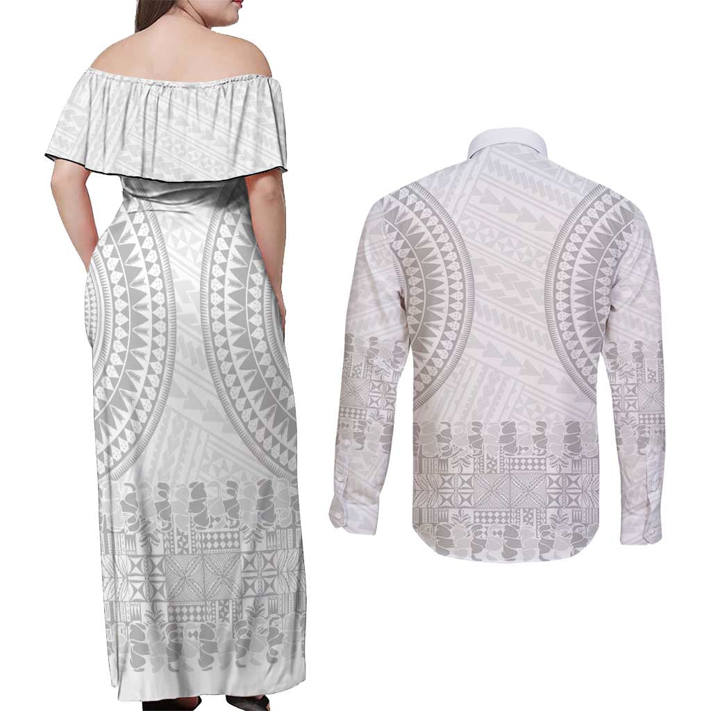 Niue White Sunday Couples Matching Off Shoulder Maxi Dress and Long Sleeve Button Shirt Tapu Fanau Ia Puakenikeni Hiapo Pattern - Polynesian Pride