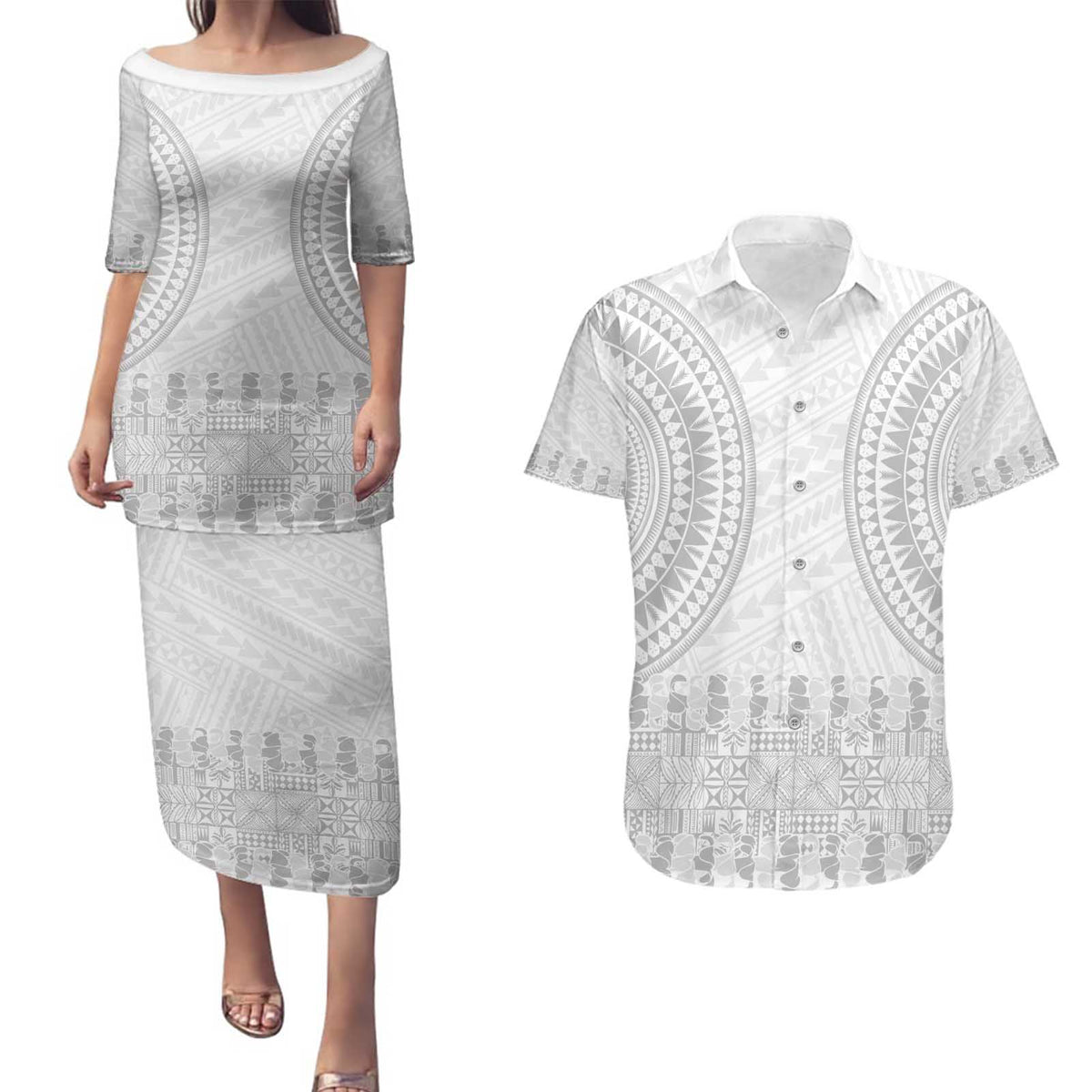 Niue White Sunday Couples Matching Puletasi and Hawaiian Shirt Tapu Fanau Ia Puakenikeni Hiapo Pattern - Polynesian Pride