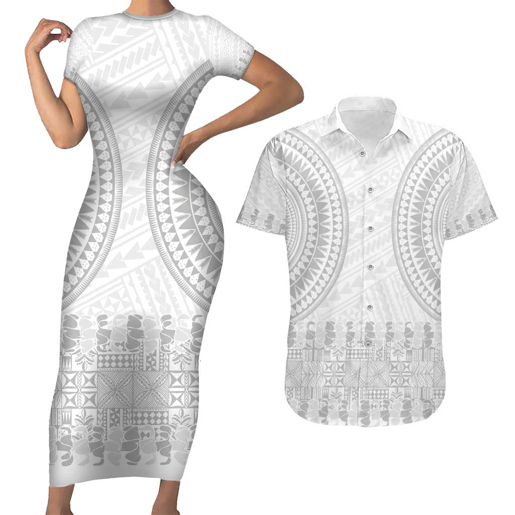 Niue White Sunday Couples Matching Short Sleeve Bodycon Dress and Hawaiian Shirt Tapu Fanau Ia Puakenikeni Hiapo Pattern - Polynesian Pride