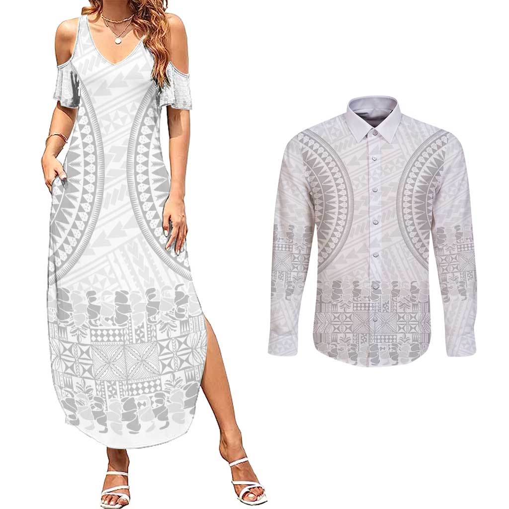 Niue White Sunday Couples Matching Summer Maxi Dress and Long Sleeve Button Shirt Tapu Fanau Ia Puakenikeni Hiapo Pattern - Polynesian Pride