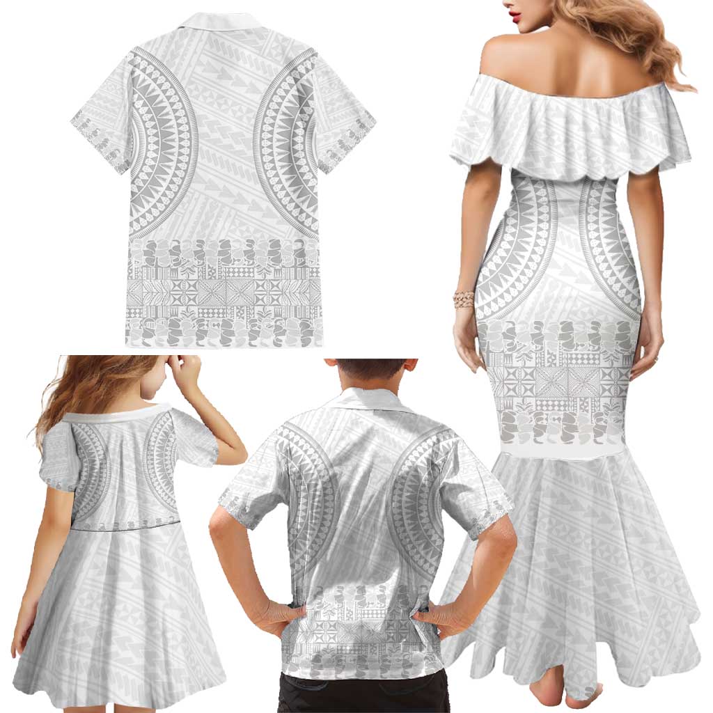 Niue White Sunday Family Matching Mermaid Dress and Hawaiian Shirt Tapu Fanau Ia Puakenikeni Hiapo Pattern - Polynesian Pride