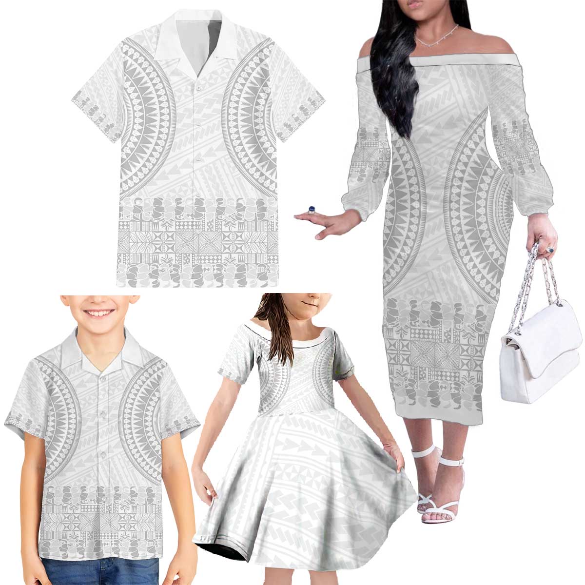 Niue White Sunday Family Matching Off The Shoulder Long Sleeve Dress and Hawaiian Shirt Tapu Fanau Ia Puakenikeni Hiapo Pattern - Polynesian Pride