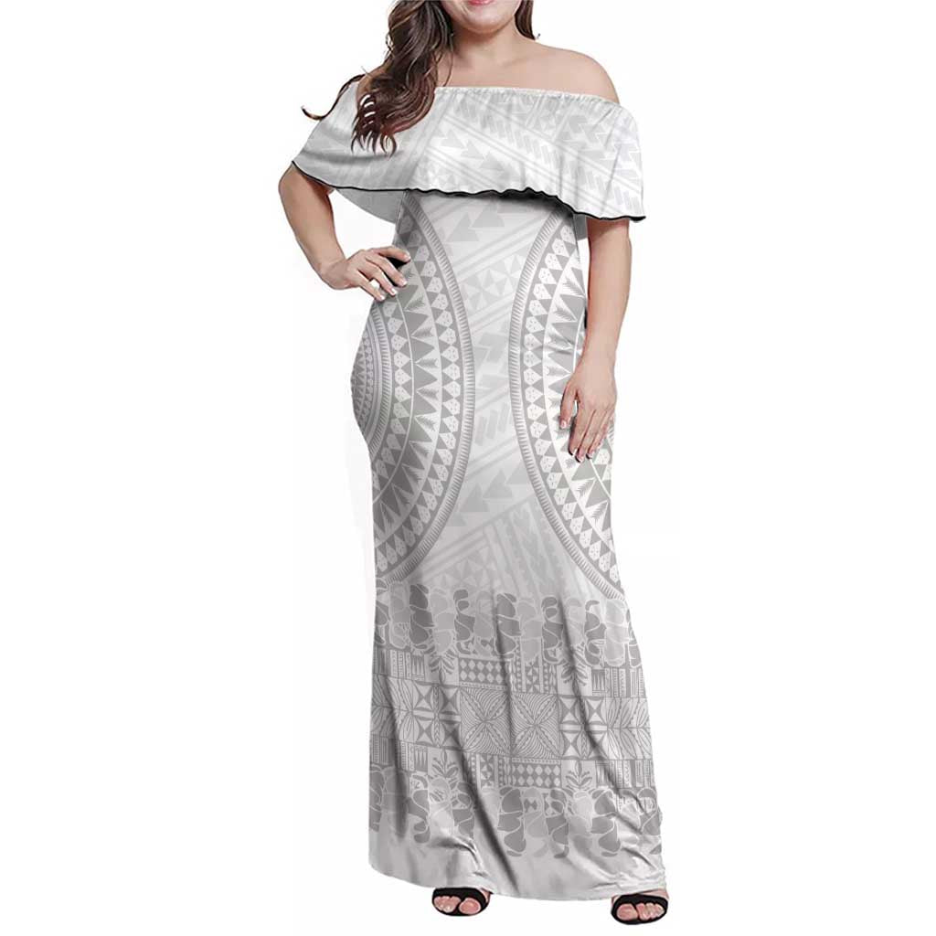 Niue White Sunday Family Matching Off Shoulder Maxi Dress and Hawaiian Shirt Tapu Fanau Ia Puakenikeni Hiapo Pattern - Polynesian Pride