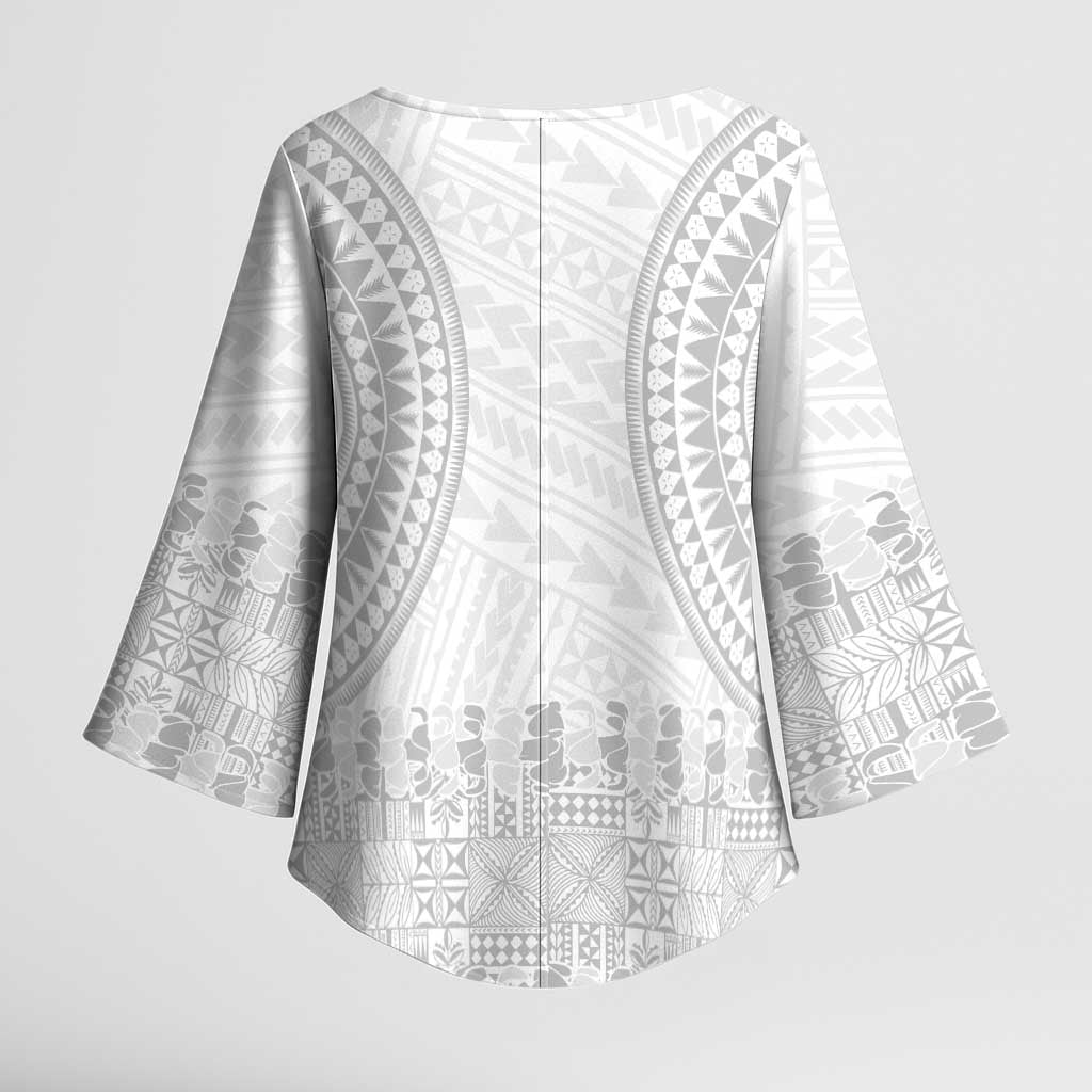 Niue White Sunday Kimono Sleeve Blouse Tapu Fanau Ia Puakenikeni Hiapo Pattern - Polynesian Pride