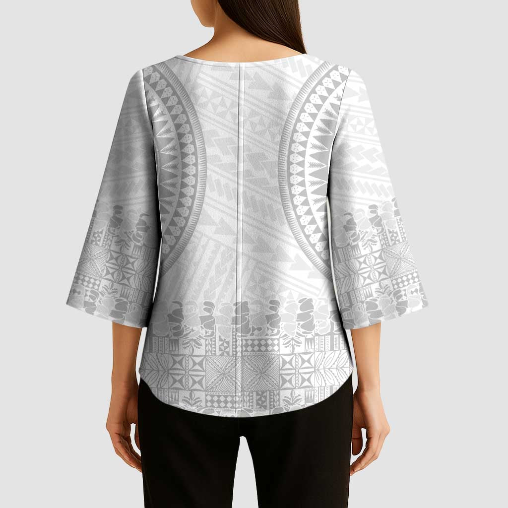 Niue White Sunday Kimono Sleeve Blouse Tapu Fanau Ia Puakenikeni Hiapo Pattern - Polynesian Pride