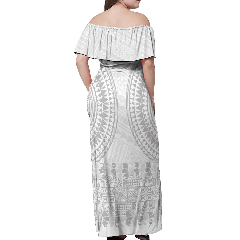 Niue White Sunday Off Shoulder Maxi Dress Tapu Fanau Ia Puakenikeni Hiapo Pattern - Polynesian Pride