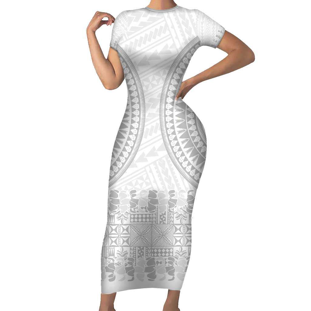 Niue White Sunday Short Sleeve Bodycon Dress Tapu Fanau Ia Puakenikeni Hiapo Pattern - Polynesian Pride