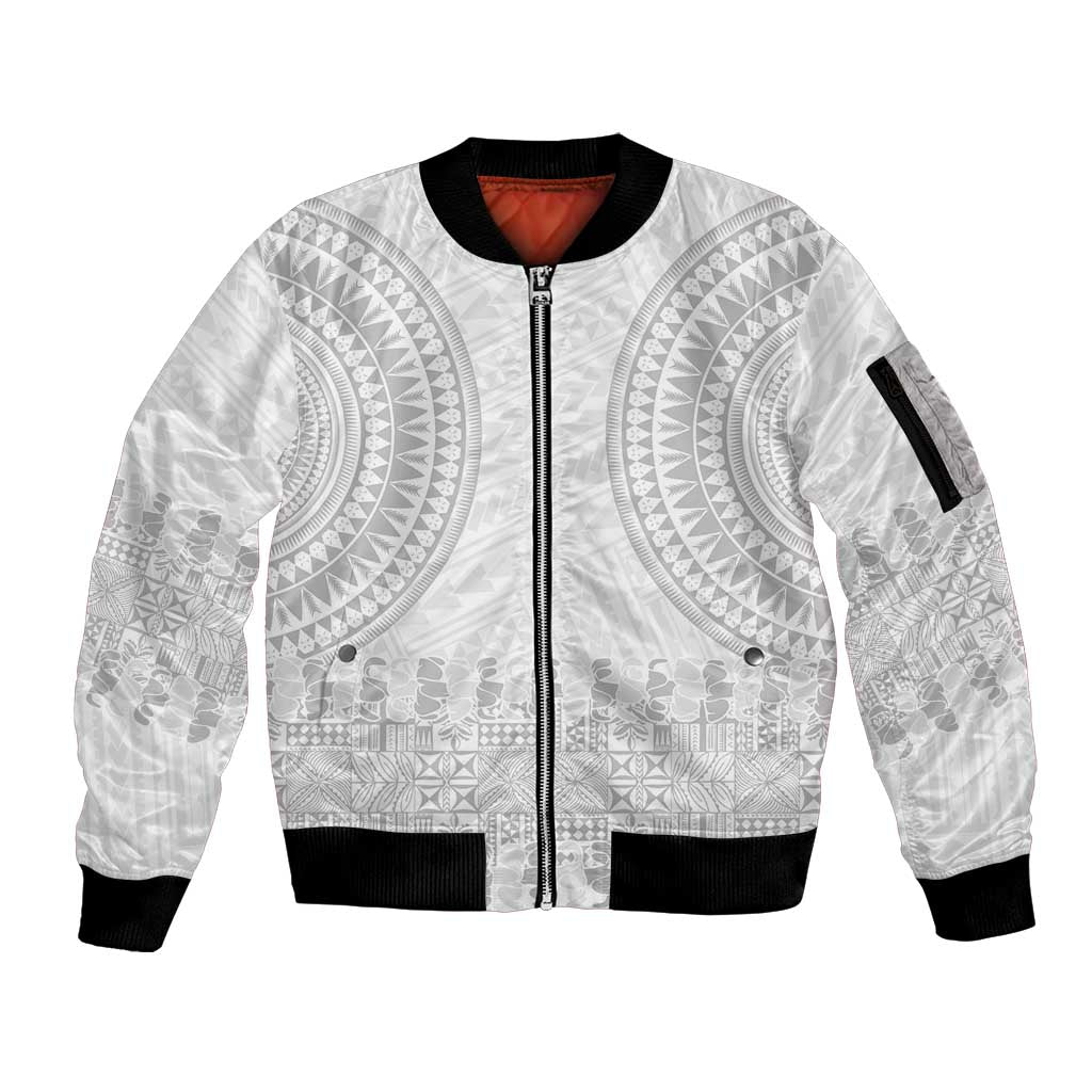 Niue White Sunday Sleeve Zip Bomber Jacket Tapu Fanau Ia Puakenikeni Hiapo Pattern - Polynesian Pride