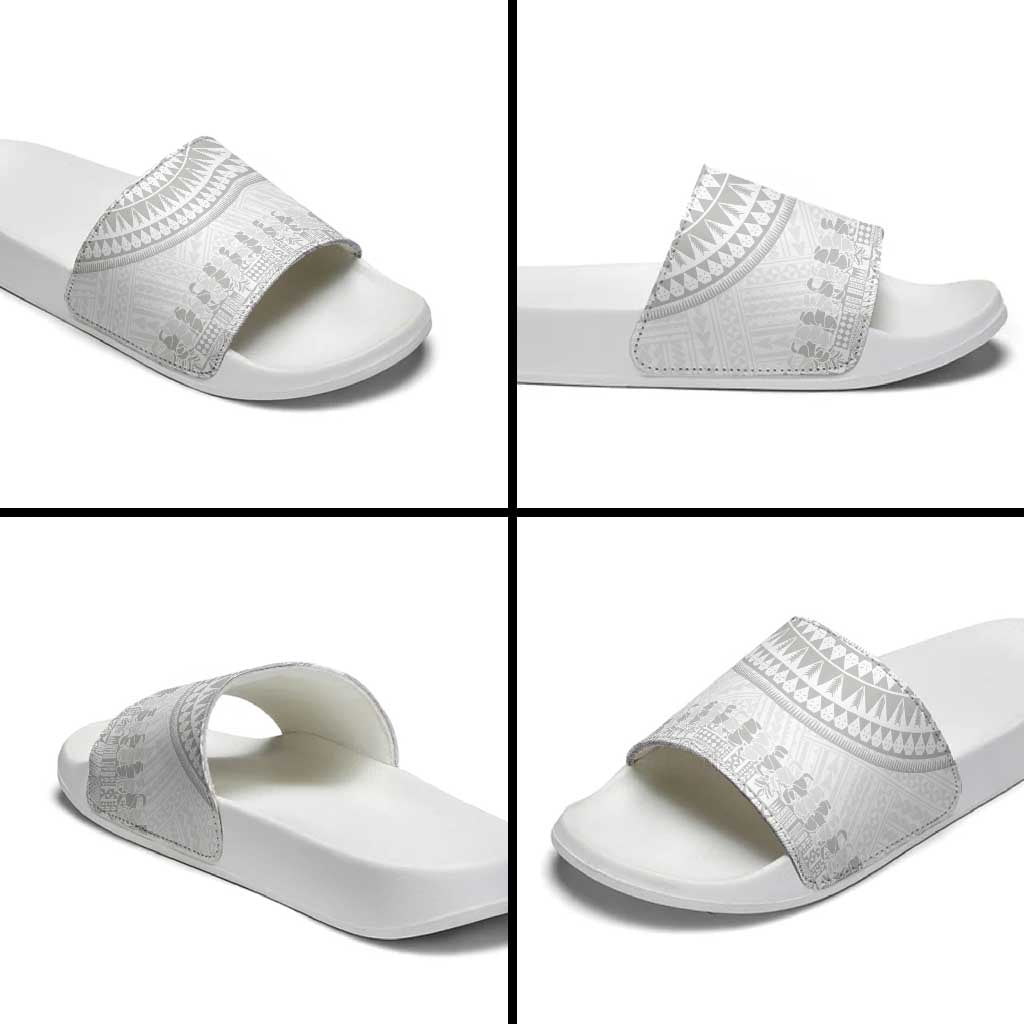 Niue White Sunday Slide Sandals Tapu Fanau Ia Puakenikeni Hiapo Pattern - Polynesian Pride