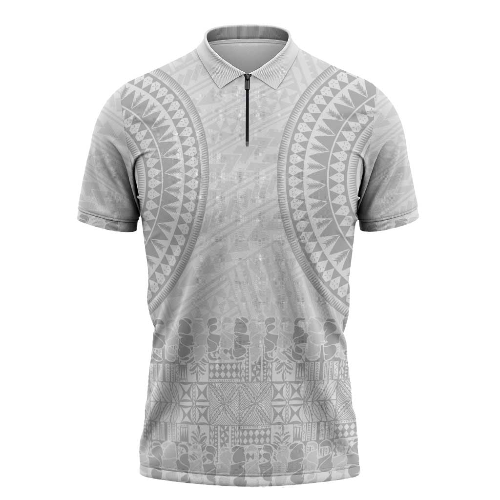 Niue White Sunday Zipper Polo Shirt Tapu Fanau Ia Puakenikeni Hiapo Pattern - Polynesian Pride
