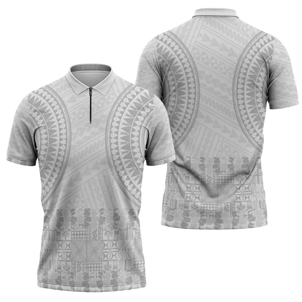 Niue White Sunday Zipper Polo Shirt Tapu Fanau Ia Puakenikeni Hiapo Pattern - Polynesian Pride